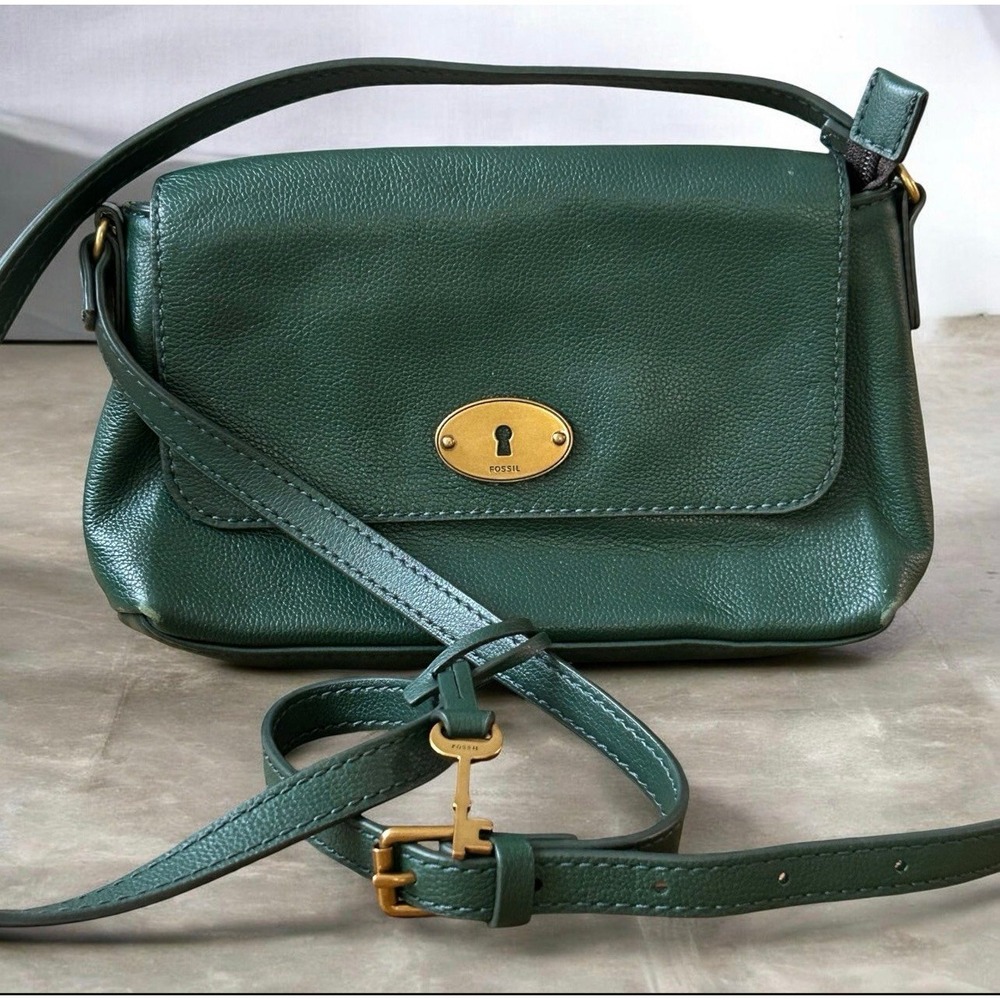 Fossil Gabriella Dark Green Faux Leather Flap Crossbody Bag Gold Key Charm